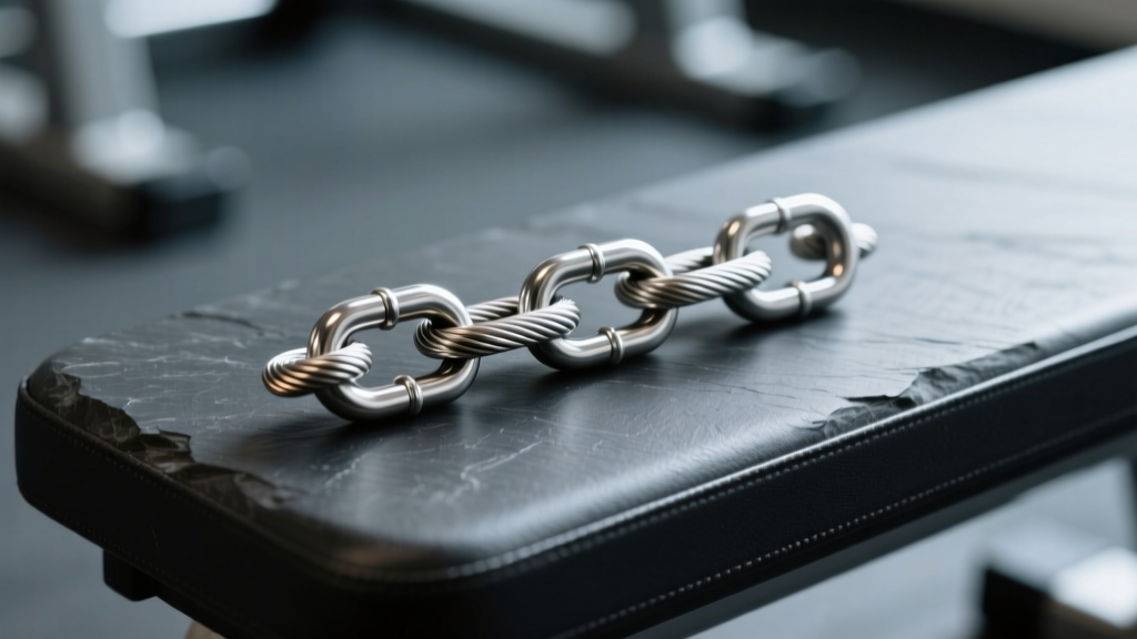 Macro shot of an ASTM F136 implant-grade titanium cable chain link resting on a dark slate gym bench, showing its brushed finish.