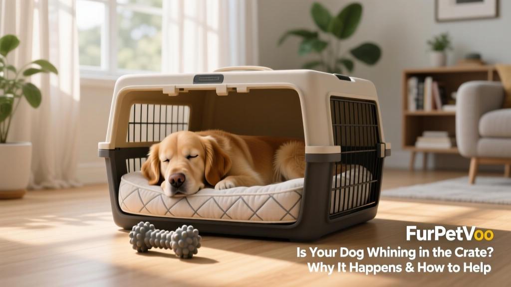 A FurPetVo crate set up with orthopedic bedding, a durable chew toy, and soft lighting — designed for comfort and security