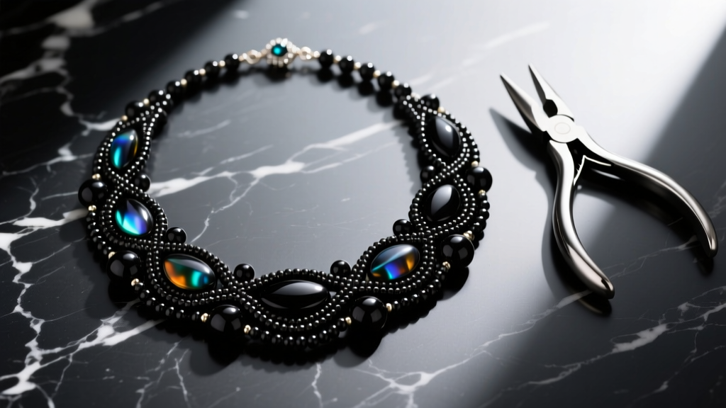 Overhead flat lay of a luxury beaded necklace with matte onyx and Czech glass beads on dark marble beside steel jewelry pliers