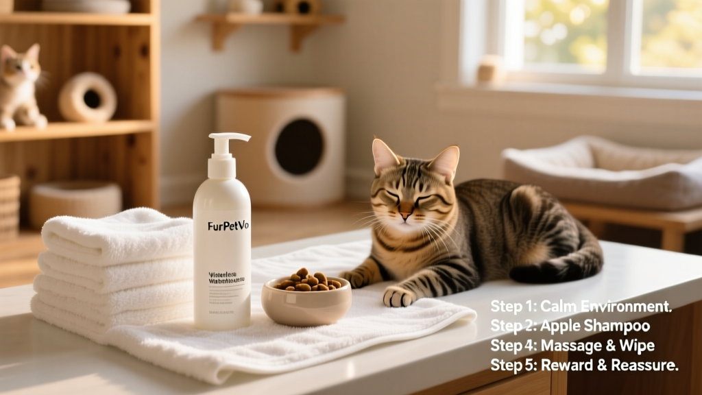 Organized grooming station with FurPetVo waterless shampoo, microfiber cloths, and treats on a towel-lined surface