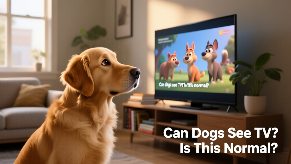 A curious dog sitting attentively in front of a lit TV screen, ears perked and head tilted