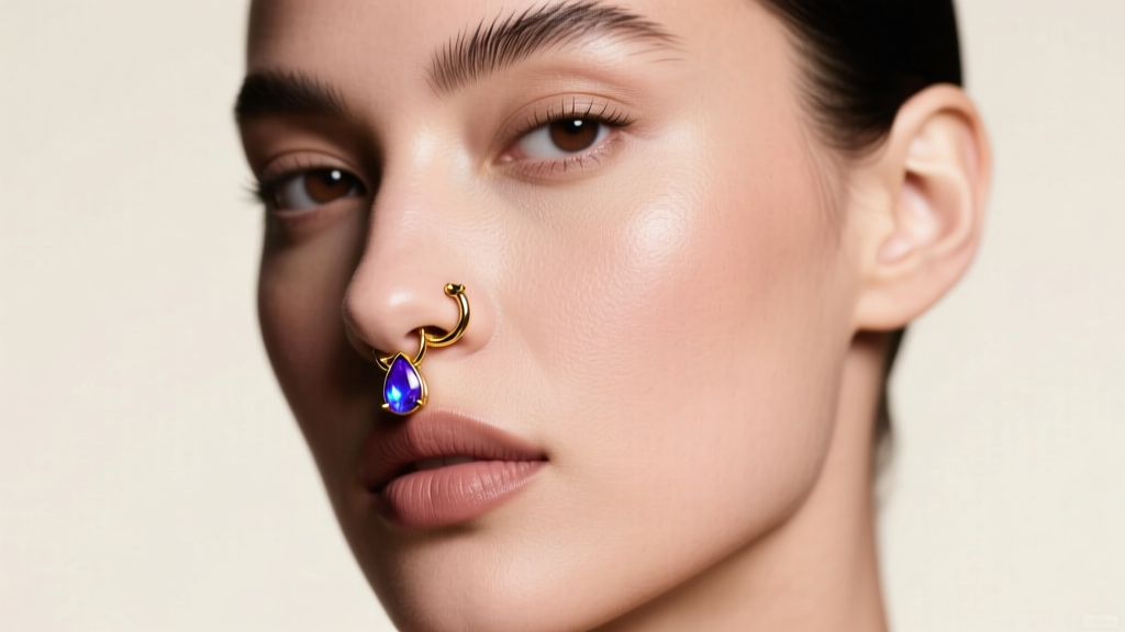 High-fashion editorial portrait of a model wearing an ornate 14k gold septum clicker with a teardrop opal, soft studio lighting