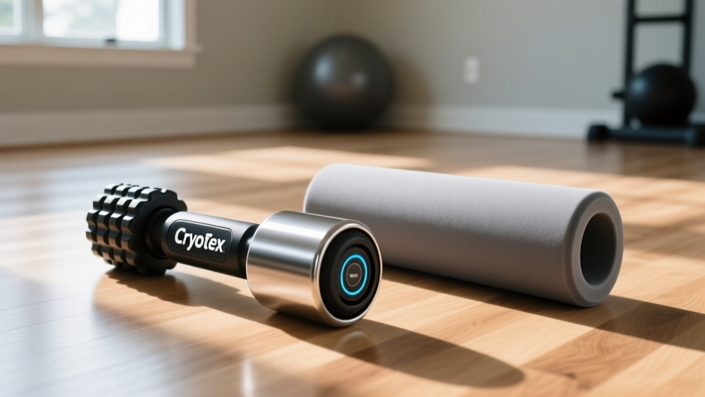Side-by-side comparison of the Cryotex vibrating foam roller and a standard EVA foam roller on a hardwood home gym floor