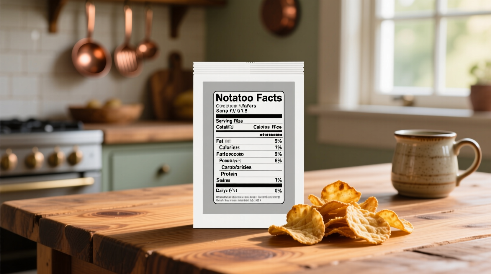 Potato wafers nutrition facts on a wooden table
