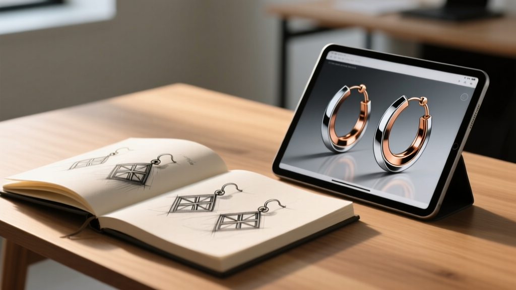 Open sketchbook featuring graphite earring drawings next to a tablet showing CAD hoop models, lit by warm studio light on a desk