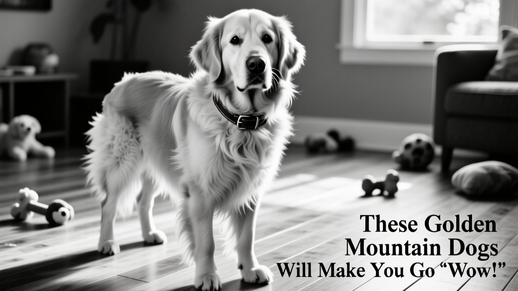 Black and white Golden Mountain Dog with feathered fur
