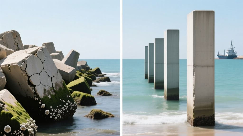 Split composition showing weathered ancient Roman breakwater blocks beside pristine modern poured concrete pillars in a marine environment