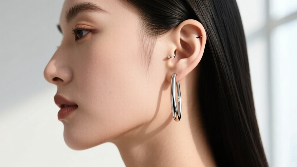 Close side profile showing a lightweight titanium pendant earring wire passing smoothly through a standard healed earlobe piercing.