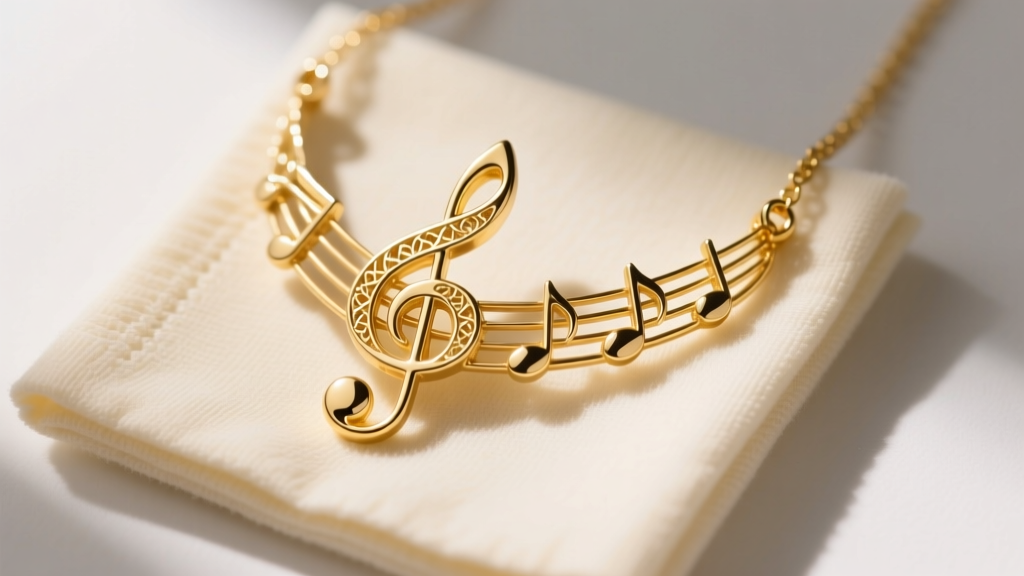 Overhead view of a 14k yellow gold treble clef music necklace on a polishing cloth, showing intricate cast details and reflections