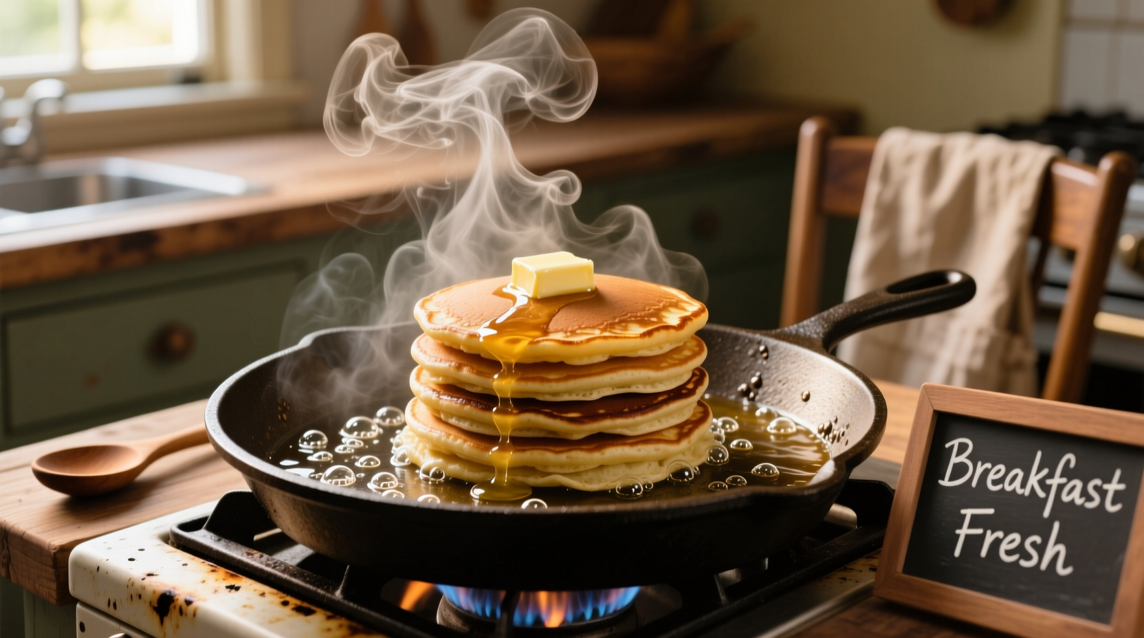 Fresh pancakes sizzling on cast iron griddle with steam rising