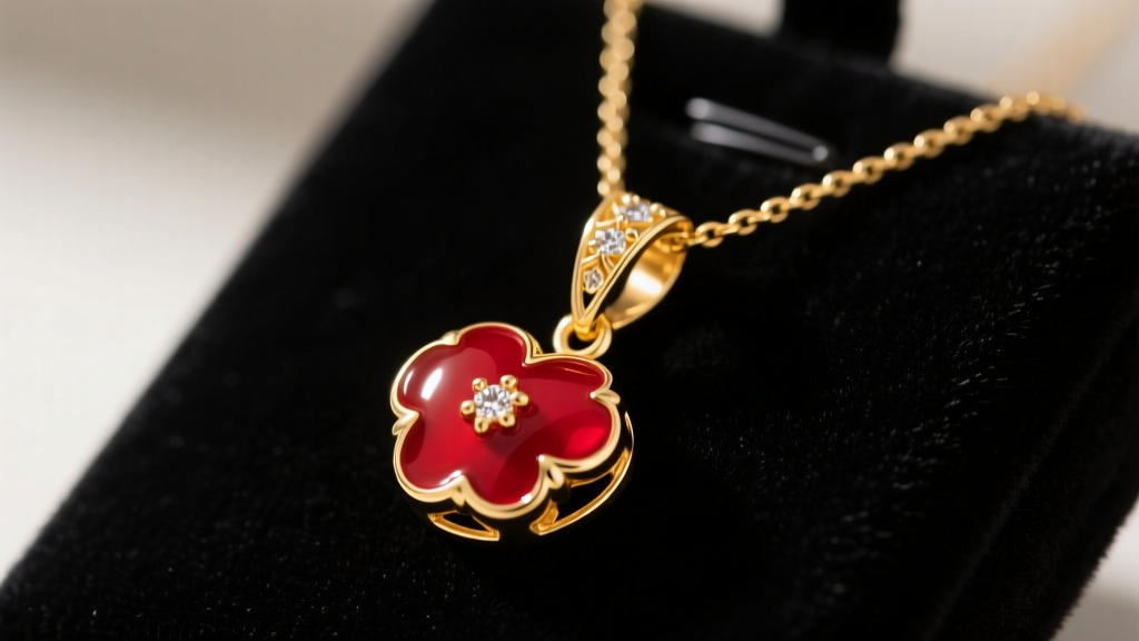 Close-up of a 14k yellow gold cherry pendant necklace with vibrant red vitreous enamel resting on a dark velvet jewelry display.
