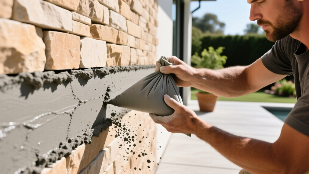 Mason using a grout bag to apply gray Type N mortar into the wide joints of a natural limestone veneer wall on a sunny exterior patio