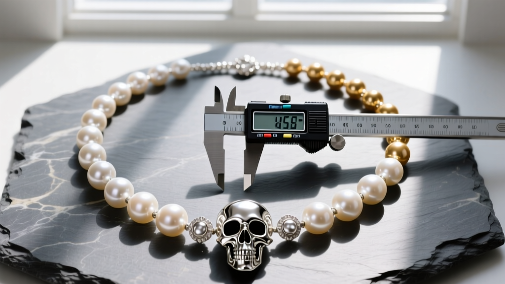 Overhead shot of skull pearl necklaces in silver and gold on slate, with digital calipers measuring the spherical pearl gems.