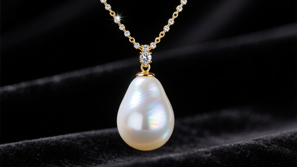 A luxurious pear-shaped natural white pearl pendant suspended from a delicate diamond-studded gold chain against dark velvet.