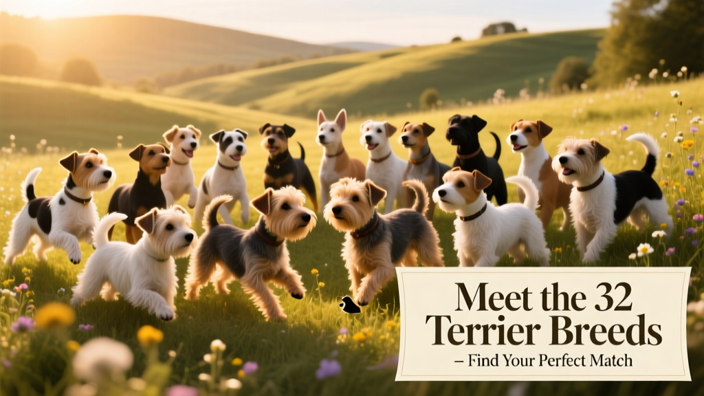 A lively group of diverse terrier breeds posing together outdoors