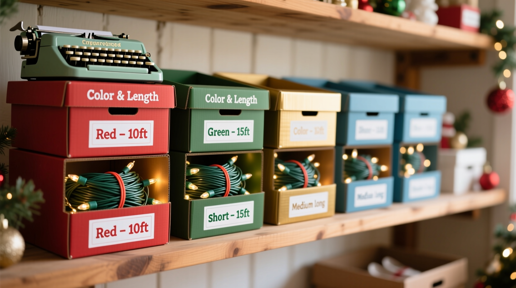 how to organize tangled christmas lights by color and length using repurposed shoeboxes and labels