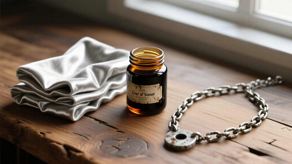 Flat lay of silver polishing cloths, a small glass jar of liver of sulfur, and a distressed silver chain necklace on oak wood.