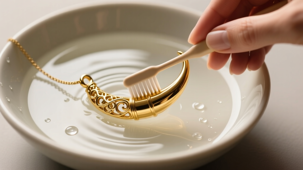 Hands gently brushing an Italian gold horn pendant with a soft toothbrush in a bowl of soapy distilled water, top-down angle.