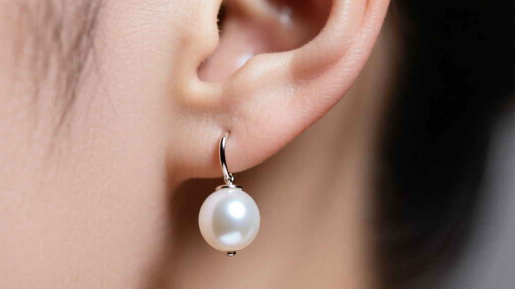 Macro shot of an earlobe with a 10mm white Akoya pearl earring drooping forward under soft studio lighting, showing the heavy tilt.