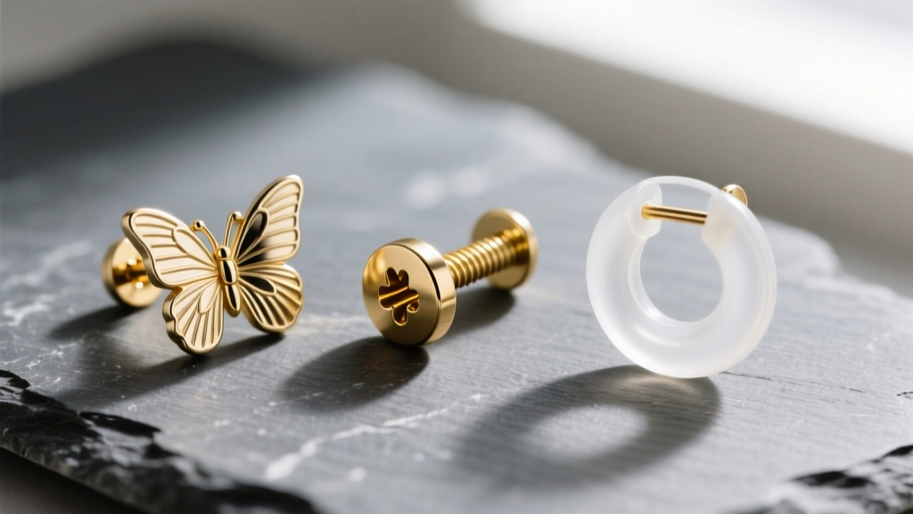 Macro shot of earring backings on slate: a butterfly friction clutch, a threaded gold screw back, and a clear silicone O-ring