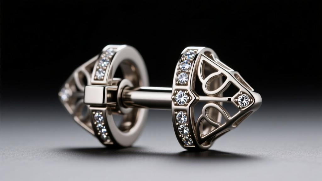 Macro shot of a hinged titanium septum clicker with art-deco filigree and pave diamonds on dark velvet, sharp focus on the clasp