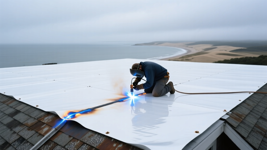 Roofer welding white TPO membrane seams on a flat roof overlooking a cloudy coastal bay in Barnstable Massachusetts