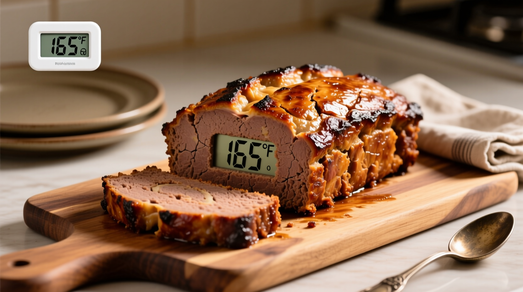 Perfectly cooked meatloaf with internal temperature reading