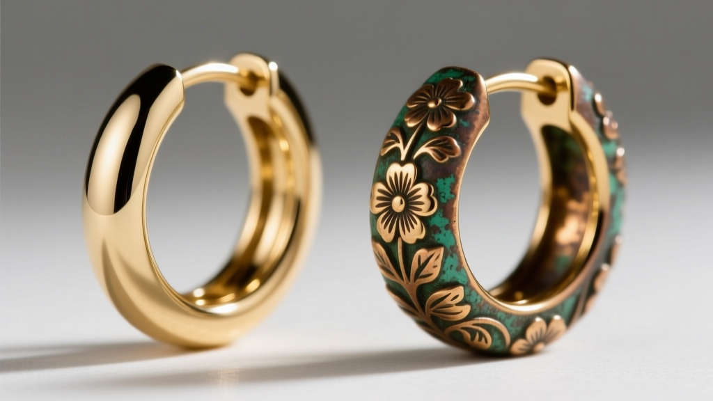 Side-by-side view of a polished 14k gold hoop earring and one with preserved dark antique patina in its engraved floral crevices