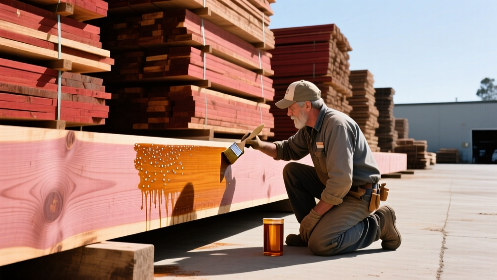 Stacks of reclaimed redwood and cedar lumber at a Bay Area supply yard, with a contractor applying a clear penetrating oil sealant to a beam