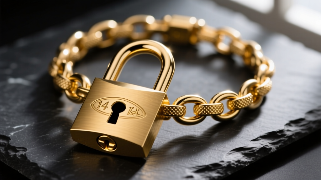 Close-up of a 14k gold chain with padlock necklace on dark slate, highlighting the keyhole engraving and thick shackle mechanism.