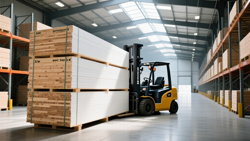 Forklift moving pallets of 5/8-inch Type X drywall and SPF lumber bundles inside a massive Jackson Inc. building materials distribution warehouse