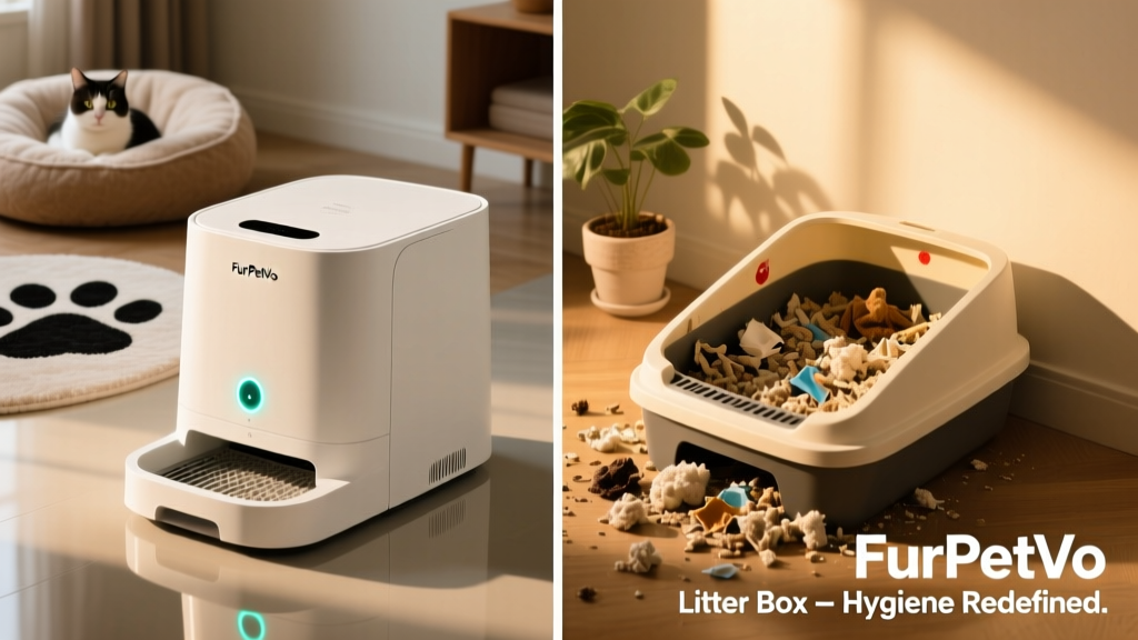 Side-by-side comparison showing a clean FurPetVo self-cleaning litter box beside a traditional box with visible waste buildup