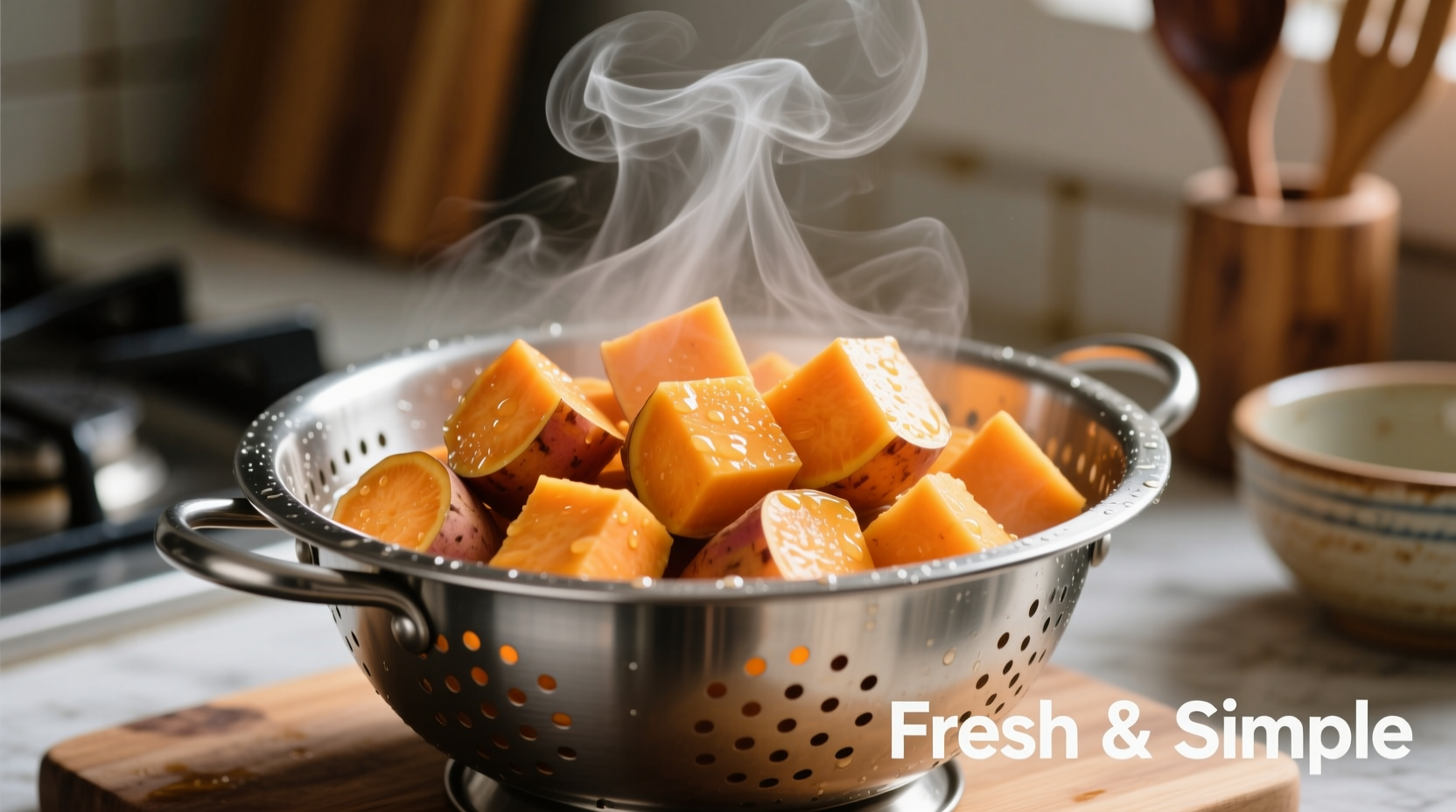 Perfectly boiled sweet potato chunks in a colander with steam rising