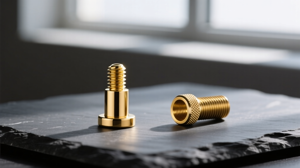 Side-by-side comparison of an internally threaded 16-gauge gold labret post and an external thread on a dark slate surface.