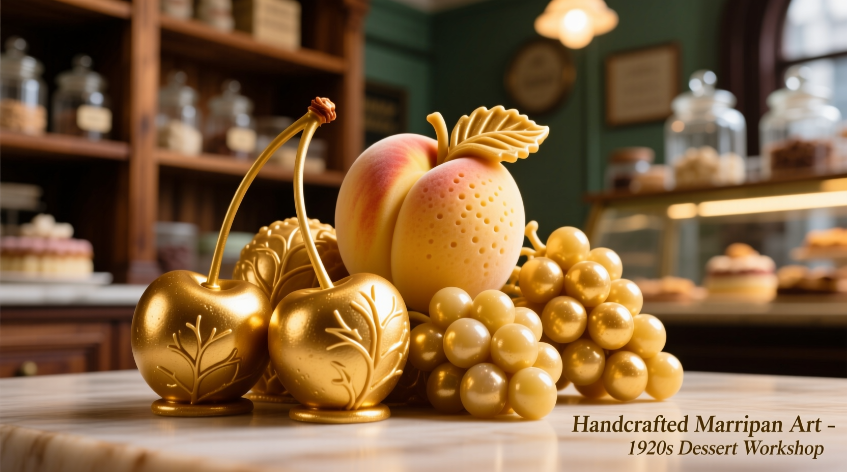 Close-up of golden marzipan shaped into fruits