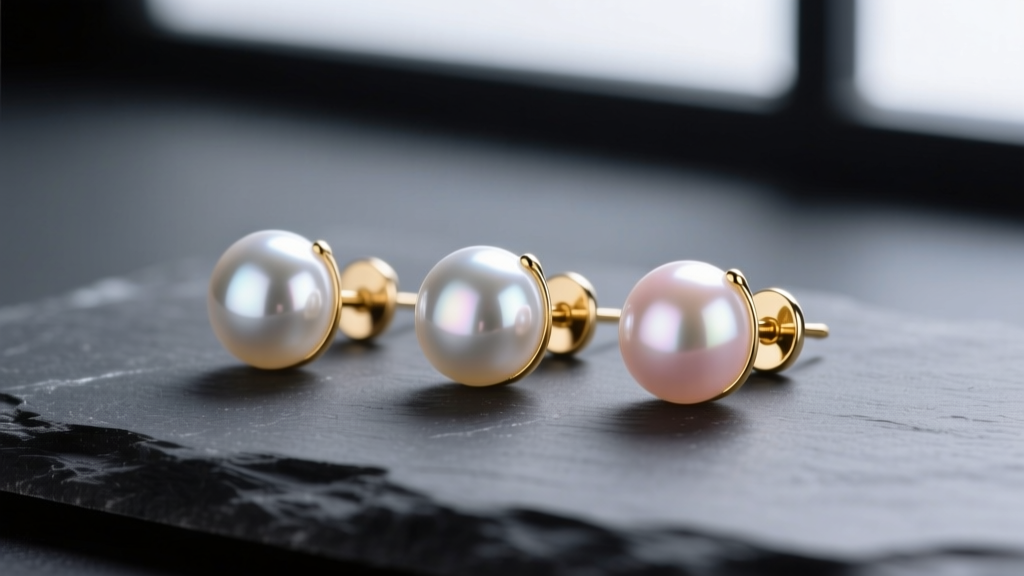 Macro shot of 3mm Akoya tiny pearl stud earrings on dark slate, showing sharp luster and 18k gold posts under soft light