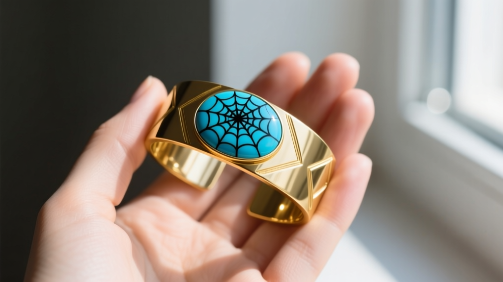 Close-up of an 18k gold cuff bracelet featuring a cabochon Kingman turquoise stone with black spiderweb matrix on a model's wrist