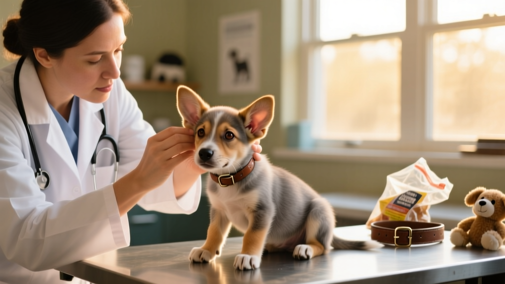 A veterinarian examining a puppy’s ears and eyes during a wellness check