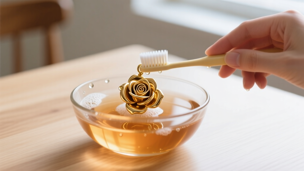 Hands using a soft toothbrush to clean a gold-plated rose earring in a glass bowl of warm soapy water on a clean wooden table.