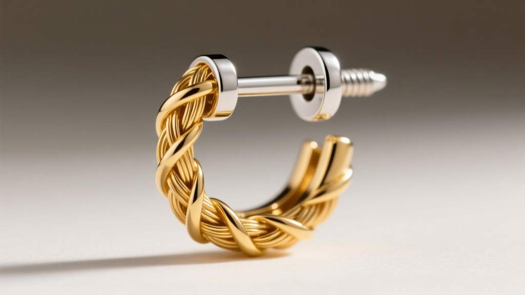 Close-up of gold vermeil earring post and screw-back clasp, showing precise threading and sterling silver base metal at the joint