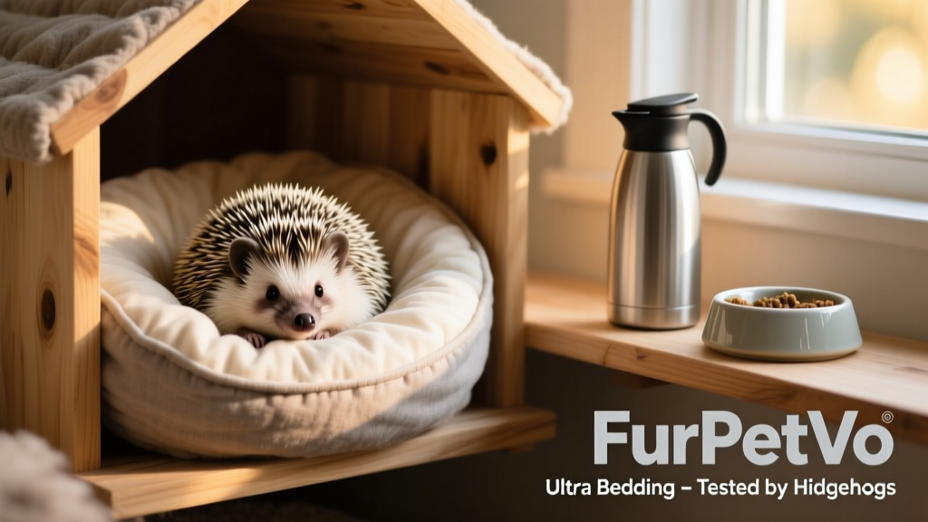 Hedgehog curled comfortably in a nest of FurPetVo Ultra bedding inside a cozy hideout, with clean water bottle and food dish nearby