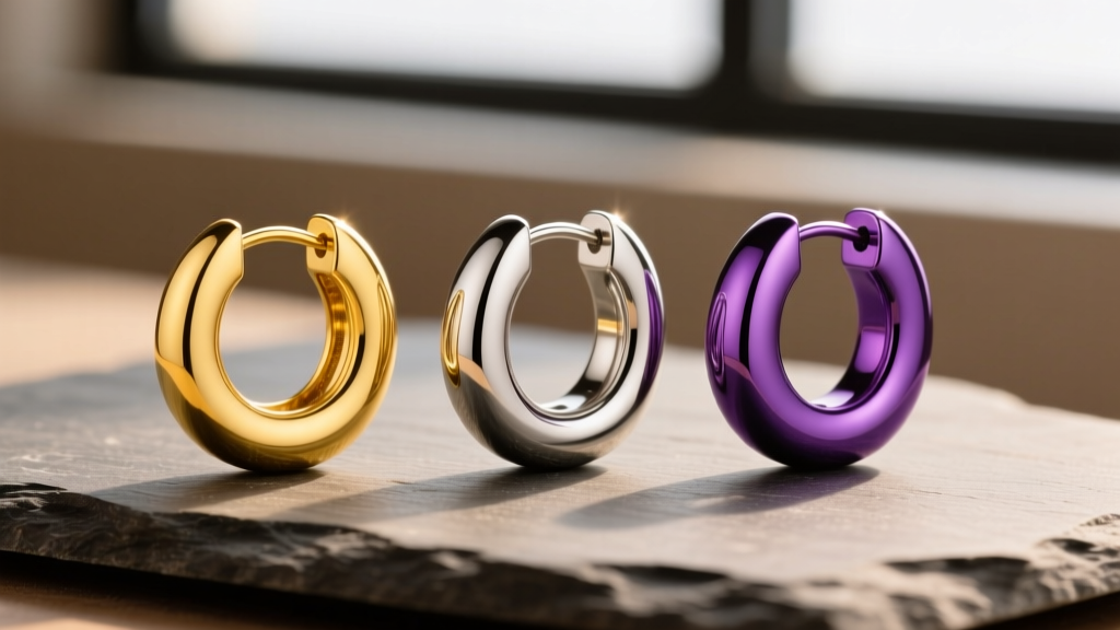 Macro photo of three hoop earrings side-by-side on slate: 18k yellow gold, polished 316L steel, and purple anodized titanium.