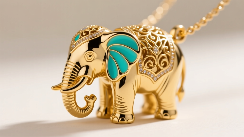 Macro shot of a 14k gold elephant necklace with vibrant turquoise enamel inlay on the ears, highlighting intricate metalwork