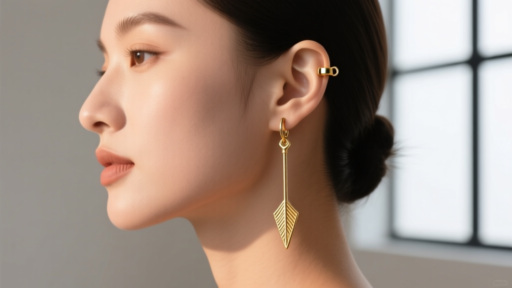 Side profile of a woman wearing a long 14k gold arrowhead dangle earring, showcasing the drop length and secure locking ear nut