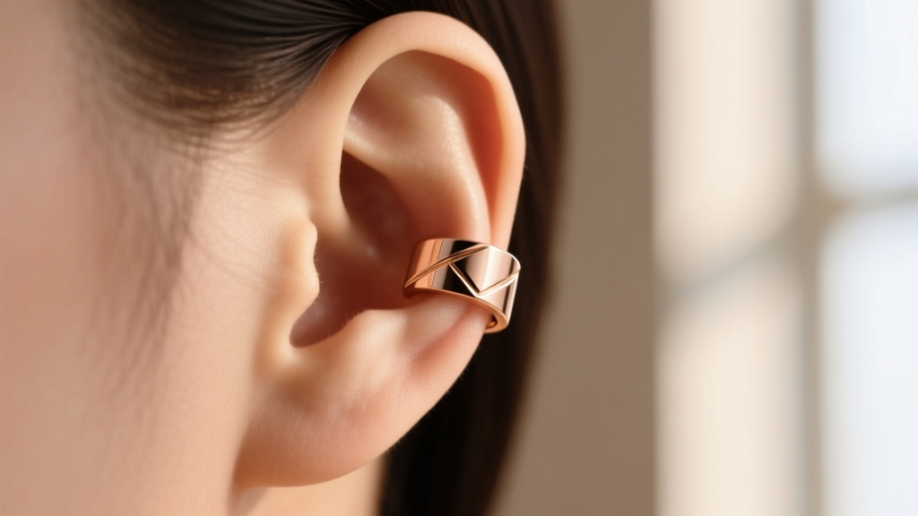 Macro shot of minimalist 18k rose gold ear cuff wrapping around upper cartilage, no piercing needed, against blurred background.