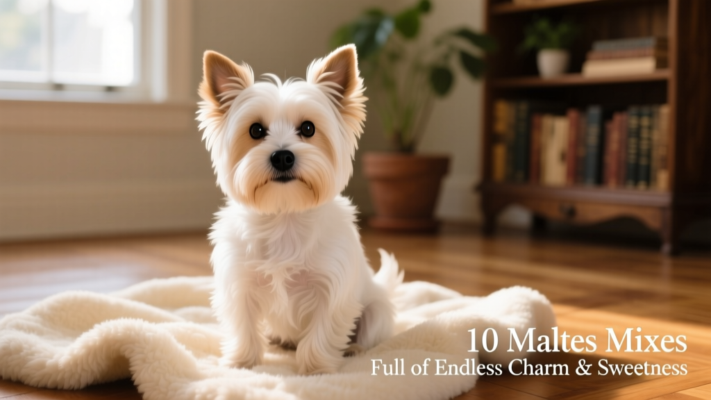 Morkie, Maltese Yorkie mix, sitting on furry blanket