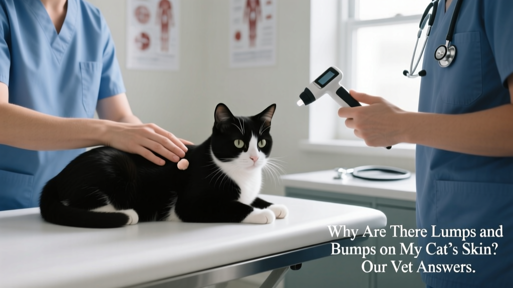 Cat calmly resting on an exam table while a veterinarian examines a small lump on its shoulder