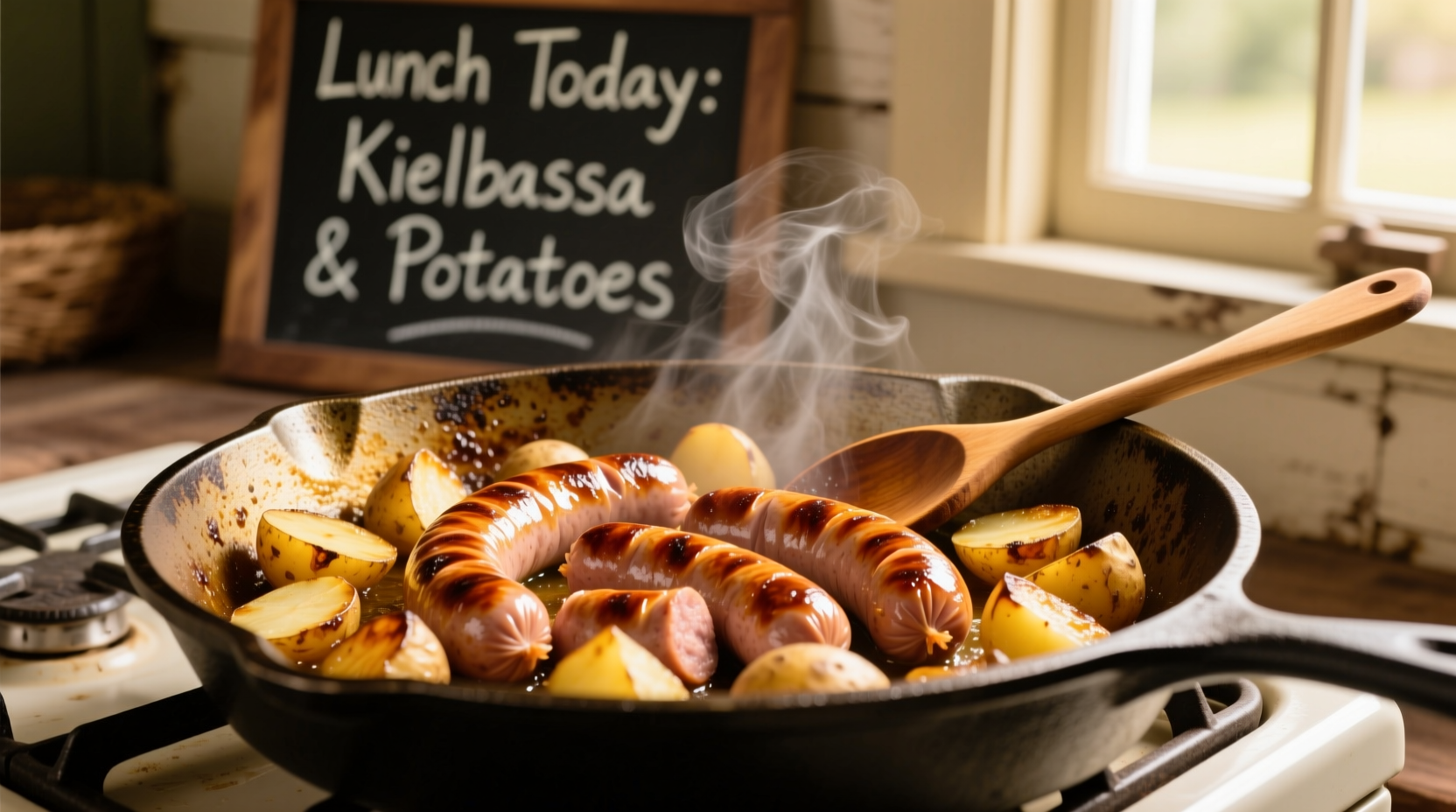 Golden kielbasa and potato skillet in cast iron pan
