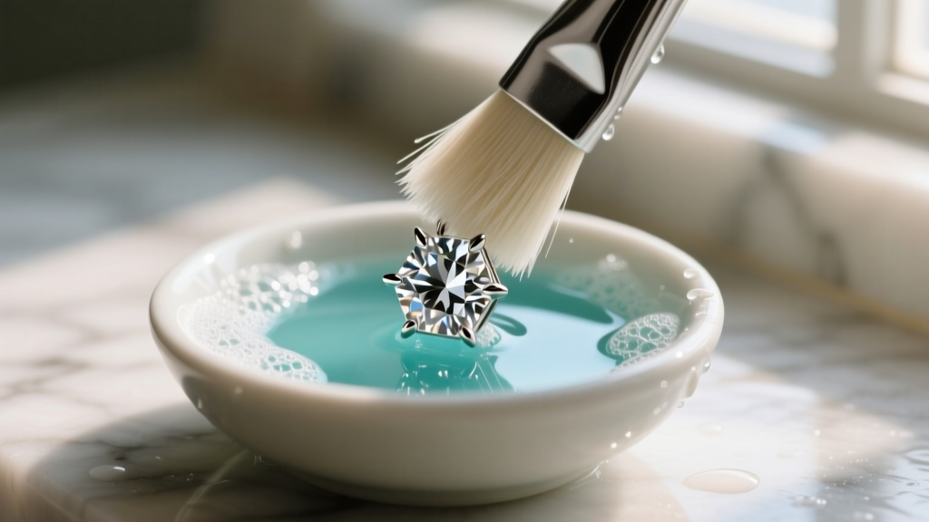 Soft-bristled brush gently scrubbing the sharp corner prongs of a platinum square diamond earring in a small bowl of soapy water.