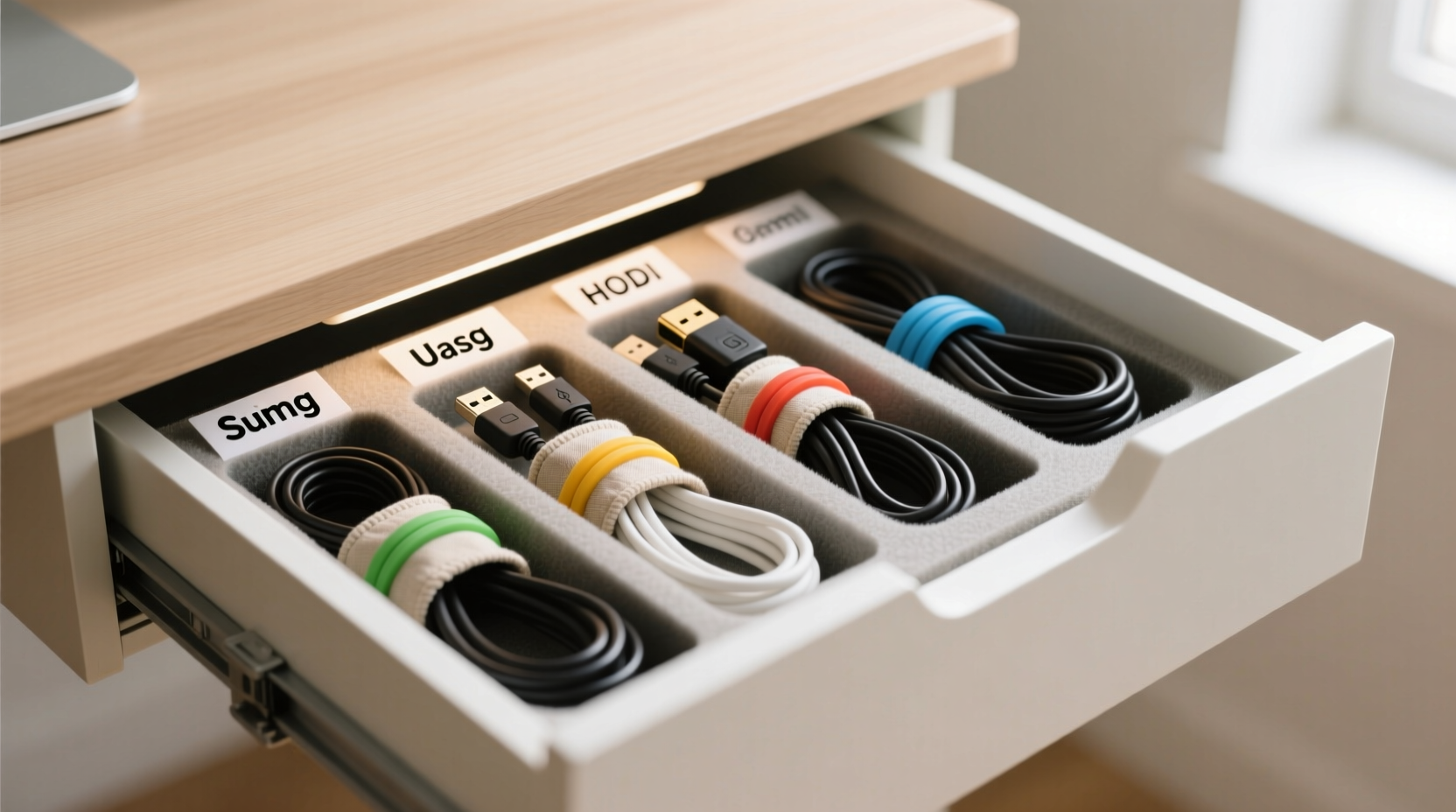 how to organize cords in a desk drawer so nothing gets tangled
